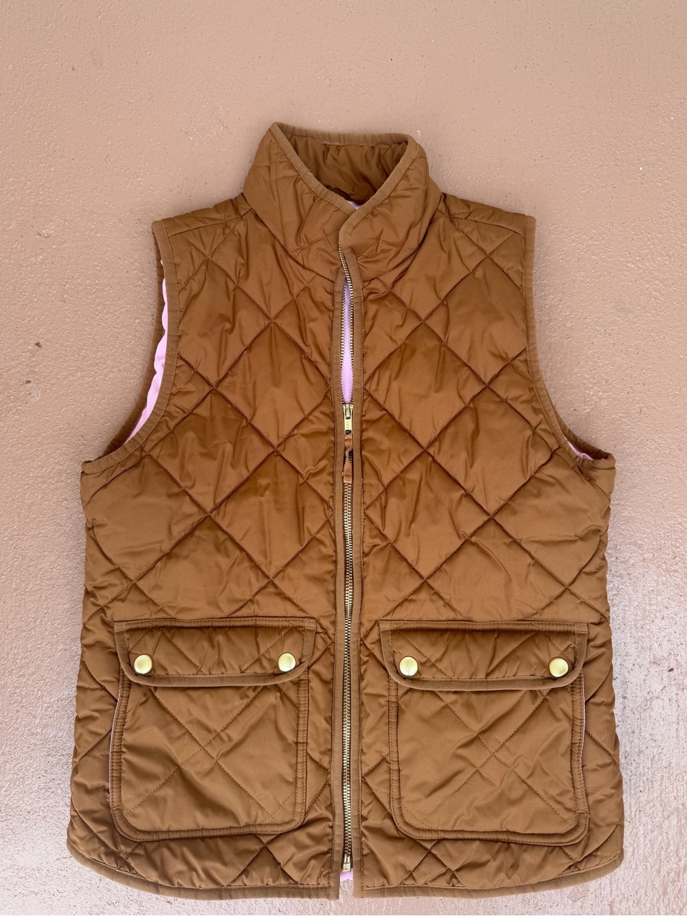 J. Crew Brown Quilted Puffer Vest with Pink Lining